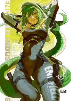 1girl absurdres arknights arknights:_endfield arms_up black_bodysuit bodysuit character_name commentary copyright_name crocodile_girl endfield_industries_logo english_commentary fluorite_(arknights) green_eyes green_hair green_tail hair_through_hood highres hood hood_up hooded_shrug impossible_bodysuit impossible_clothes lizard_tail long_hair looking_at_viewer open_mouth shrug_(clothing) solo tail white_shrug yun-yang