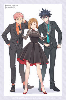 :o bare_legs black_dress black_footwear black_hair black_jacket black_necktie black_pants blue_eyes blue_necktie border breasts brown_eyes brown_hair clothes_grab collared_shirt diagonal_stripes dress dress_shirt formal_clothes full_body fushiguro_megumi grey_border grey_shirt grin hand_in_own_hair high_heels itadori_yuuji jacket jujutsu_kaisen kugisaki_nobara leaning_forward long_sleeves looking_at_viewer medium_breasts necktie necktie_grab neckwear_grab nightcat orange_shirt pant_suit pants pinafore_dress pink_hair pump red_footwear shirt short_hair sleeveless sleeveless_dress smile spiked_hair strapless strapless_dress striped suit watch wing_collar wristwatch