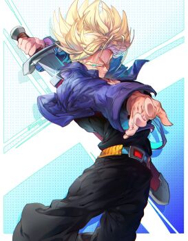 1boy belt black_pants black_shirt blonde_hair blue_jacket cowboy_shot cropped_jacket dragon_ball dragonball_z green_eyes highres holding holding_sword holding_weapon jacket male_focus ommmyoh open_clothes open_jacket pants shirt short_hair solo spiked_hair sword sword_on_back trunks_(dragon_ball) trunks_(future)_(dragon_ball) weapon weapon_on_back