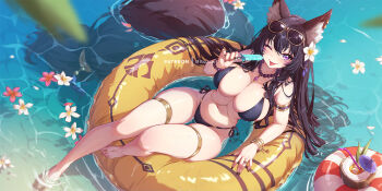 1girl ;p animal_ear_fluff animal_ears armlet bead_bracelet bead_necklace beads bikini black_bikini black_hair black_nails bracelet breasts cleavage cocktail_umbrella delta_(kage_no_jitsuryokusha_ni_naritakute!) drinking_straw eyewear_on_head flower flower_on_liquid food gold_armlet gold_bracelet gold_thighlet holding holding_food holding_popsicle jewelry kage_no_jitsuryokusha_ni_naritakute! large_breasts long_hair mitsu_(mitsu_art) navel necklace one_eye_closed patreon_username pink_flower popsicle purple_eyes solo sunglasses swim_ring swimsuit tail thighlet tongue tongue_out water white_flower wolf_ears wolf_girl wolf_tail