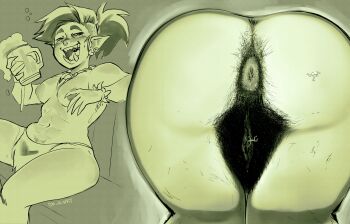 1girl 2024 3boys abs absurdres anal_hair anus arms_up artist_name ass ass_focus asymmetrical_hair beer_mug black_hair bottomless breasts commentary cup drunk english_commentary excessive_pubic_hair face_piercing feet_out_of_frame female_orc female_pubic_hair green_background hairy half-closed_eyes highres holding loincloth long_hair medium_breasts mini_person miniboy mug multiple_boys multiple_views muscular muscular_female navel nipples nose_piercing nose_ring onkinky open_mouth orc original piercing pointy_ears ponytail pubic_hair pussy simple_background sitting sitting_on_person size_difference spot_color struggling thick_thighs thighs topless_female trapped