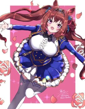 1girl 323mihumi animal_ears black_bow black_bowtie blue_jacket blush bow bowtie breasts brown_hair center_frills daiwa_scarlet_(peak_blue)_(umamusume) daiwa_scarlet_(umamusume) epaulettes fang flower framed_breasts frills hair_between_eyes hair_intakes horse_ears horse_girl jacket large_breasts layered_skirt long_hair long_sleeves looking_at_viewer open_mouth petals red_eyes rose shirt skin_fang skirt smile solo thighhighs tiara twintails umamusume very_long_hair white_shirt white_thighhighs