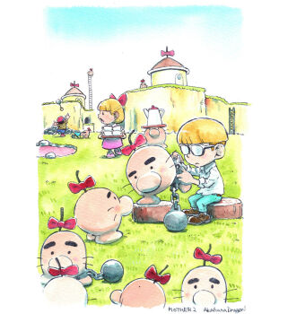 1girl 2boys akahanadragon artist_name ball_and_chain_restraint baseball_cap black_eyes blonde_hair blue_shorts blue_sky bow brown_shoes building closed_mouth collared_shirt commentary copyright_name creature cup doseisan dress full_body glasses grass green_pants hair_bow hat highres holding holding_screwdriver holding_tray house jeff_andonuts ladder lake looking_at_another looking_at_viewer looking_back mother_(series) mother_2 multiple_boys ness_(mother_2) nib_pen_(medium) nintendo object_on_head on_tree_stump open_mouth outdoors pants paula_(mother_2) pen_(medium) pink_dress pink_shoes queue red_bow red_hat red_shoes screwdriver shirt shoes shorts sideways_hat sitting sky solid_circle_eyes solid_oval_eyes sotting standing standing_on_one_leg striped_clothes striped_shirt teacup teapot throwing traditional_media tray tree_stump village wheelbarrow whiskers white_shirt