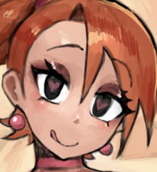 choker close-up earrings foster&#039;s_home_for_imaginary_friends frankie_foster gradient_background hair_between_eyes heart heart-shaped_pupils jewelry long_hair looking_at_viewer lowres makeup pink_choker ponytail portrait red_hair saiykik smile sphere_earrings symbol-shaped_pupils tongue tongue_out