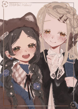 2girls :d animal_ears animal_hat black_bow black_hair black_jacket black_ribbon blonde_hair blue_flower blue_sweater blush bow braid braided_twintails brown_eyes brown_hair cat_hat closed_mouth collarbone collared_shirt colored_eyelashes commentary_request earrings fake_animal_ears flower flower_earrings gakuen_idolmaster hair_bow hair_flower hair_ornament hairclip hat highres holding_strap idolmaster inset_border jacket jewelry kuramoto_china lace_trim long_hair looking_at_viewer multiple_girls name_tag neck_ribbon neckerchief open_mouth orange_eyes parallel_hairclips plaid_clothes plaid_shirt ribbon shinosawa_hiro shirt side_braid smile sweater swept_bangs toutoutou turtleneck turtleneck_sweater twin_braids twitter_username upper_body white_neckerchief white_shirt