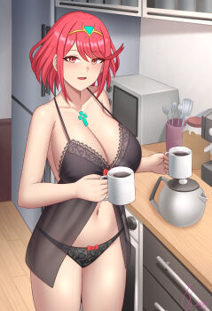 1girl absurdres babydoll bare_shoulders black_babydoll black_panties blush breasts cleavage coffee collarbone commentary cup english_commentary ghonky highres holding holding_cup kitchen lace lace_panties large_breasts panties pyra_(xenoblade) red_eyes red_hair refrigerator see-through_babydoll see-through_clothes short_hair smile solo spaghetti_strap standing tiara underwear xenoblade_chronicles_(series) xenoblade_chronicles_2