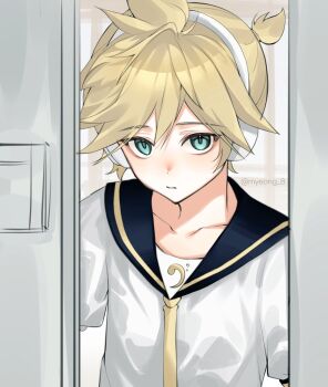 Rule 34 | 1boy, aqua eyes, bass clef, black sailor collar, blonde hair, collarbone, commentary, headphones, kagamine len, looking at viewer, male focus, musical note, musical note print, myeong 8, necktie, sailor collar, sailor shirt, sanpaku, shirt, short hair, solo, tsurime, twitter username, upper body, vocaloid, white shirt, yellow necktie