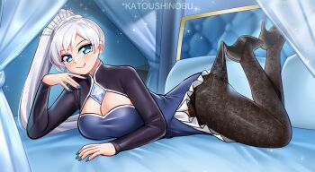 1girl alternate_breast_size_(larger) artist_name black_pantyhose blue_dress blue_eyes blue_nails breasts cleavage cleavage_cutout clothing_cutout curtains dress earrings frills high_heels high_side_ponytail highres jewelry katou_shinobu lace_pantyhose_hooked_on_heel_(meme) large_breasts light_particles looking_at_viewer meme on_bed pantyhose rwby scar scar_across_eye scar_on_face smile solo sparkle weiss_schnee white_hair