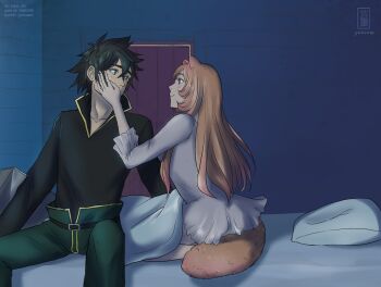 Rule 34 | 1boy, 1girl, animal ears, arm shield, artist name, black hair, black shirt, blanket, blush, breasts, closed mouth, collarbone, commentary request, couple, cowboy shot, green eyes, green pants, grey nightgown, hand on another's cheek, hand on another's face, hetero, high collar, highres, indoors, iwatani naofumi, long hair, long sleeves, medium breasts, messy hair, night, nightgown, on bed, orange hair, pants, pillow, pink eyes, pixiv id, raccoon ears, raccoon girl, raccoon tail, raphtalia, shirt, short hair, sitting, smile, tail, tate no yuusha no nariagari, tumblr username, vk username, yuria-chu