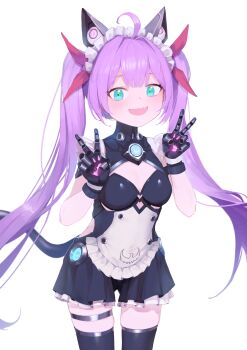 Rule 34 | 1girl, :d, absurdres, ahoge, animal ears, apron, aqua eyes, black dress, black gloves, black thighhighs, blue eyes, blush, breasts, cat ears, cleavage, clothing cutout, commission, cowboy shot, double v, dress, fake animal ears, fang, frills, gloves, green eyes, hair ribbon, hands up, highres, hpyer, long hair, looking at viewer, maid, maid apron, maid headdress, mechanical hands, mechanical tail, medium breasts, official alternate costume, open mouth, original, purple hair, ribbon, second-party source, simple background, skin fang, skindentation, skirt, small breasts, smile, solo, standing, tail, thigh strap, thighhighs, twintails, v, very long hair, white apron, white background, wulala (vtuber), zettai ryouiki