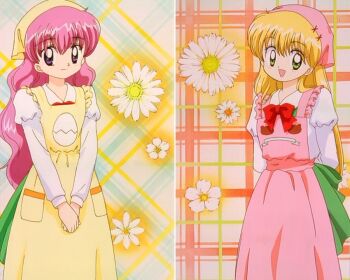 apron blonde_hair bow daa!_daa!_daa! green_eyes hanakomachi_christine kouzuki_miyu long_hair pink_hair purple_eyes school_uniform