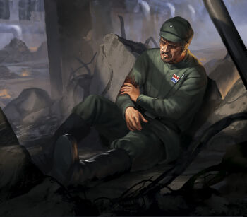 1boy black_boots blood blood_on_clothes boots green_hat green_jacket green_pants hat highres imperial_officer injury jacket javier_charro pants rubble sitting solo star_wars