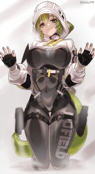 1girl :3 absurdres arknights arknights:_endfield black_bodysuit black_gloves bodysuit breast_press buckle commentary covered_navel english_commentary fingerless_gloves fluorite_(arknights) gloves green_eyes green_hair green_tail hair_through_hood highres hood hood_up hooded_shrug long_sleeves shrug_(clothing) smile snake_girl snake_tail snap-fit_buckle solo tail wataad98 white_shrug