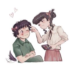 Rule 34 | 1boy, 1girl, applying makeup, black hair, black ribbon, blush, bow, closed mouth, commentary, cropped legs, dog tail, fear &amp; hunger, fear &amp; hunger 2: termina, frilled shirt collar, frills, green jumpsuit, hair bow, hair bun, heart, highres, inhoneyrain, jumpsuit, levi (fear &amp; hunger), marina (fear &amp; hunger), matching accessory, neck ribbon, pink bow, pink skirt, ribbon, shirt, short hair, simple background, skirt, sleeves rolled up, tail, wavy mouth, white background, white shirt