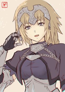 Rule 34 | 1girl, :d, armor, armored dress, blonde hair, blue eyes, capelet, chain, dress, fate/apocrypha, fate/grand order, fate (series), faulds, female focus, fur trim, gauntlets, headpiece, jeanne d'arc (fate), jeanne d'arc (ruler) (fate), open mouth, plackart, smile, solo, upper body, washuu