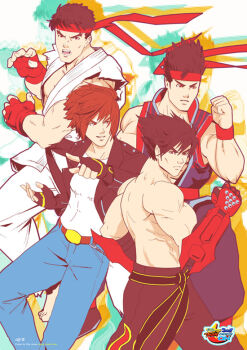 4boys belt black_belt black_hair brown_hair chain commentary crossover denim dougi gauntlets gloves headband jacket jeans kazama_jin kusanagi_kyou male_focus martial_arts martial_arts_belt multiple_boys muscular muscular_male olyjns pants photoshop_(medium) ryu_(street_fighter) street_fighter tekken the_king_of_fighters topless_male trait_connection virtua_fighter yuki_akira