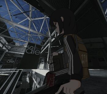 1girl adidas banner black_hair black_track_suit bulletproof_vest can coca-cola cosplay drink_can escape_from_tarkov expressionless foreshortening from_side game_screenshot_background gun hayasabro helmet holding holding_gun holding_weapon indoors jaggy_lines killa_(escape_from_tarkov) killa_(escape_from_tarkov)_(cosplay) killa_helmet ledge looking_ahead mall medium_hair object_on_lap original profile screenshot_background sitting skylight soda_can solo track_suit unworn_headwear unworn_helmet vertical-striped_sleeves weapon