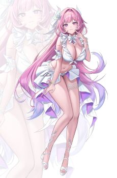 1girl absurdres alternate_costume artist_name bare_shoulders bikini bikini_skirt breasts buttons closed_mouth commentary cyrene_(demiurge)_(honkai:_star_rail) cyrene_(honkai:_star_rail) diamond_button fingernails flower front-tie_bikini_top front-tie_top full_body hair_flower hair_intakes hair_ornament highres honkai:_star_rail honkai_(series) idasu_(hyun9164) large_breasts leaning_forward long_hair looking_at_viewer nail_polish navel pink_hair pink_nails purple_eyes purple_flower purple_rose rose sandals sidelocks smile solo stomach swimsuit thighs very_long_hair white_bikini zoom_layer