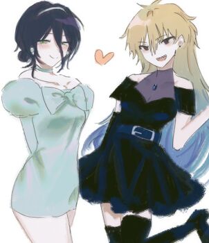 2girls alien_stage black_dress black_hair blonde_hair blue_hair chainsaw_man closed_mouth clothing_cutout cosplay denji_(chainsaw_man) dress earrings foot_up genderswap genderswap_(mtf) hair_bun hairband heart highres ic6pid jewelry long_hair mizi_(alien_stage) mizi_(alien_stage)_(cosplay) multicolored_hair multiple_girls off-shoulder_dress off_shoulder open_mouth reze_(chainsaw_man) sharp_teeth shoulder_cutout smile sua_(alien_stage) sua_(alien_stage)_(cosplay) teeth two-tone_hair very_long_hair white_dress white_hairband