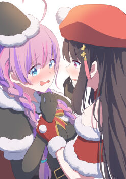2girls absurdres aqua_eyes awkward bell belt beret black_gloves black_hair black_skirt black_sweater blunt_bangs blush braid breasts christmas cleavage commentary date_akari dress embarrassed eyes_visible_through_hair from_side fur-trimmed_dress fur_trim furrowed_brow gloves hair_ornament happy hat heaven_burns_red highres holding_another's_wrist holding_hands large_breasts long_hair multicolored_hair multiple_girls nikaidou_misato nose_blush profile purple_hair santa_costume santa_dress shaketamago sidelocks skirt streaked_hair sweater tassel tassel_hair_ornament twin_braids upper_body v-shaped_eyebrows very_long_hair white_background yuri