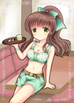1girl belt blush breasts brown_belt brown_hair gochuumon_wa_usagi_desu_ka? green_eyes hair_ribbon highres mizuhara_subaru ponytail ribbon shorts sitting ujimatsu_chiya