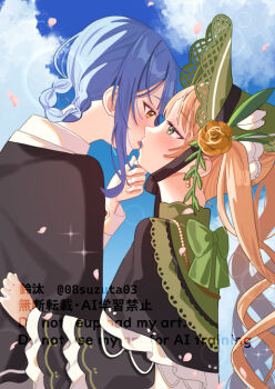 2girls 55szt black_capelet blonde_hair blue_hair blue_sky bow braid braided_hair_rings capelet cloud commentary_request day eye_contact falling_petals green_bonnet green_bow green_eyes hair_rings hand_on_another's_chin imminent_kiss looking_at_another mahou_shoujo_no_majo_saiban multiple_girls outdoors parted_lips petals red_eyes sky tachibana_sherry tono_hanna twintails yuri