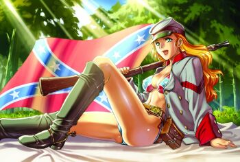 1girl american_civil_war belt belt_buckle belt_pouch bikini boots breasts buckle confederate_flag confederate_flag_bikini confederate_states_of_america covered_erect_nipples day female_focus flag flag_print flag_print_bikini freckles full_body green_eyes gun hat hiroe_rei jacket knee_boots light_rays lipstick long_hair looking_at_viewer makeup medium_breasts military military_uniform musket open_clothes open_jacket open_mouth orange_hair original pouch print_bikini rifle side-tie_bikini_bottom sitting solo spurs stomach swimsuit wavy_hair weapon