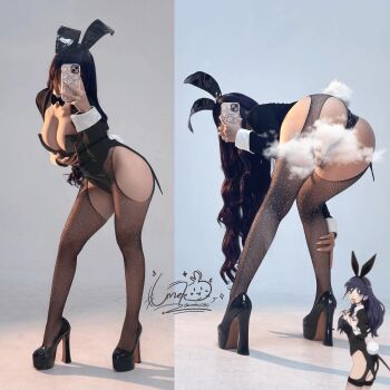 1girl artist_name ass black_leotard breasts cosplay cosplay_photo female_focus highres izayoi_arisa izayoi_arisa_(cosplay) kitagawa_marin kitagawa_marin_(cosplay) leotard medium_breasts multiple_views photo_(medium) playboy_bunny purple_hair rabbit_ears real_life sono_bisque_doll_wa_koi_wo_suru umekojcosplayer vietnamese
