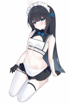 1girl absurdres alternate_costume aqua_eyes azur_lane black_gloves black_hair black_panties blush breasts clarence_k._bronson_(azur_lane) clarence_k._bronson_(special_functional_testing)_(azur_lane) cleavage enmaided gloves highres long_hair looking_at_viewer maid maid_headdress navel official_alternate_costume panties panty_pull parted_lips simple_background small_breasts solo stomach thigh_strap thighhighs underwear white_background white_thighhighs zerotwenty_(020)