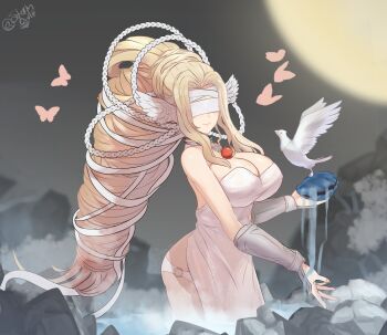 1girl absurdres artist_name bird blindfold blonde_hair breasts bug butterfly cleavage closed_mouth commentary commentary_request cowboy_shot digimon digimon_(creature) digimon_story:_time_stranger dress drill_hair drill_ponytail english_commentary grey_background high_ponytail highres holding insect large_breasts long_hair mixed-language_commentary o-ring o-ring_bottom o-ring_panties onsen panties pink_butterfly ponytail stormowl0 strapless strapless_dress underwear venusmon very_long_hair white_bird white_dress