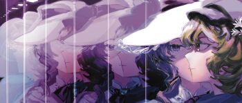 2girls blonde_hair brown_hair brume_(reverse:1999) closed_mouth commentary_request felicienne_(reverse:1999) flower grey_hat hair_flower hair_ornament hat highres long_hair mr._biscuit multiple_girls newsboy_cap portrait profile purple_background purple_eyes reverse:1999 white_hat yellow_eyes zoom_layer