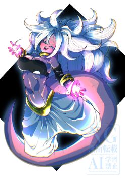 Rule 34 | 1girl, android 21, bare shoulders, black background, black tube top, blue eyes, breasts, colored skin, commentary request, dragon ball, dragon ball fighterz, earrings, full body, highres, hoop earrings, jewelry, large breasts, long hair, majin android 21, navel, open mouth, pants, pink skin, pink tail, pointy ears, solo, stktik09060906, strapless, tube top, white background, white hair, white pants
