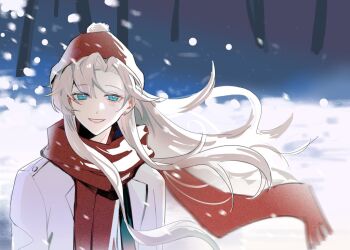 1girl beanie blue_eyes chinese_commentary commentary_request earrings floating_hair grin hat iris_wen jewelry long_hair looking_at_viewer love_curse:_find_your_soulmate nideshi12345 outdoors pale_skin pink_lips red_hat red_scarf scarf smile snow white_hair winter_clothes
