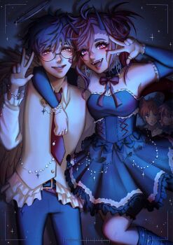 2boys 2girls arm_around_shoulder ayase_momo bare_shoulders black_boots black_choker black_dress black_gloves black_hair black_pants boots bow bowtie breasts brown_hair choker collared_shirt couple cow crossed_bangs dandadan demon_horns dress earrings elbow_gloves enjoji_jin etwaales fangs frilled_shirt frills glasses gloves hair_between_eyes halloween_costume hetero highres horns jewelry medium_breasts multiple_boys multiple_girls necktie open_mouth pants parted_bangs pink_hair red_bow red_bowtie red_hair red_necktie ring round_eyewear shiratori_aira_(dandadan) shirt smile takakura_ken_(dandadan) v veil white_shirt white_veil