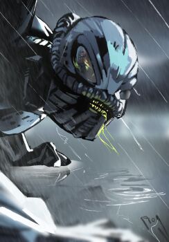 Rule 34 | artist name, bionicle, clenched teeth, commentary, hahli (bionicle), hakann (bionicle), highres, humanoid robot, looking at viewer, on ground, open mouth, portrait, prog ares, rain, reflection, robot, teeth, the lego group, water