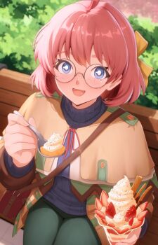 1girl absurdres ahoge bench blue_eyes blush capelet commentary commission dorothy_hyatt eiyuu_densetsu embarrassed english_commentary eremas-su food freckles glasses hair_between_eyes highres holding holding_spoon ice_cream looking_at_viewer open_mouth outdoors short_hair smile solo sora_no_kiseki spoon sundae