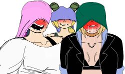 3girls absurdres aroused atomic_wedgie bare_shoulders black_survival blonde_hair blue_hair blue_panties blush breasts bun_with_braided_base cone_hair_bun covered_eyes double_bun eternal_return:_black_survival female_pervert green_hair green_lips green_panties gym hair_bun hart_floyd highres jojo_no_kimyou_na_bouken jolynecujohwedgie kuujou_jolyne me_and_the_boys_(meme) meme multicolored_hair multiple_girls object_on_head official_alternate_costume panties panties_on_head panty_mask pervert pink_panties ponytail self-upload short_hair silvia_piquet smile steam stone_ocean transparent_background two-tone_hair underwear underwear_on_head wedgie
