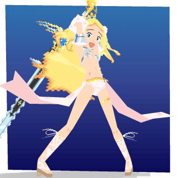 3d arm_guards armor armored_gloves belt bikini_armor blonde_hair blue_background blue_eyes breastplate code_of_princess crown deluxcalibur_(code_of_princess) fighting_stance garter_straps gold_garter_straps gradient_background holding holding_sword holding_weapon long_hair long_sword looking_at_viewer looking_down low_poly sandals sidelocks smile solange_blanchefleur_de_luxe spoopthespoopster spread_legs sword two-handed_sword weapon white_sandals zweihander