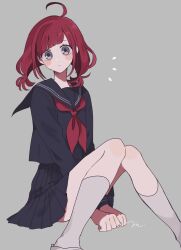 Rule 34 | 1girl, arms between legs, blush stickers, expressionless, grey background, grey eyes, highres, knees up, long sleeves, low twintails, maco22, neckerchief, original, pleated skirt, red hair, school uniform, serafuku, sitting, skirt, socks, solo, twintails