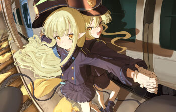 2girls blue_archive blue_jacket blue_skirt gloves green_hair green_halo halo hand_up haoma hat highres hikari_(blue_archive) holding_hands jacket long_hair multiple_girls nozomi_(blue_archive) pantyhose skirt train white_gloves white_pantyhose yellow_eyes