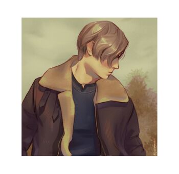 Rule 34 | 1boy, black shirt, border, brown hair, brown jacket, closed mouth, commentary, cropped torso, english commentary, hair behind ear, hair over eyes, highres, jacket, joolmawen, leon s. kennedy, male focus, open clothes, open jacket, profile, resident evil, resident evil 4, shirt, short hair, solo, white border