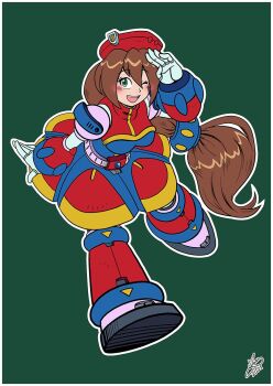 Rule 34 | 1girl, arm guards, armor, armored boots, armored dress, armored gloves, bare shoulders, belt, beret, blush, boots, bracer, breastplate, brown hair, cuirass, dailyrockman, dress, gloves, green background, green hair, hair between eyes, hair ornament, hat, iris (mega man), joints, knee boots, long hair, looking at viewer, mechanical arms, mechanical boots, mega man (series), mega man x (series), one eye closed, ponytail, robot joints, shoulder armor, sidelocks, simple background, smile, solo, turtleneck, walking, white gloves