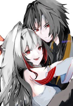 Rule 34 | 1boy, 1girl, 832cy, :d, animal ears, armlet, black hair, brother and sister, closed mouth, collar, commentary, droopy ears, facial mark, forehead mark, fox boy, fox ears, fox girl, hair ornament, hairband, headband, highres, jewelry, long hair, looking at viewer, multicolored hair, open mouth, parted bangs, red eyes, ribbon, siblings, simple background, sleeveless, smile, streaked hair, symbol-only commentary, transformation, twitter username, white background, white hair, white hairband, ye shiyuan, ye shunguang, zenless zone zero