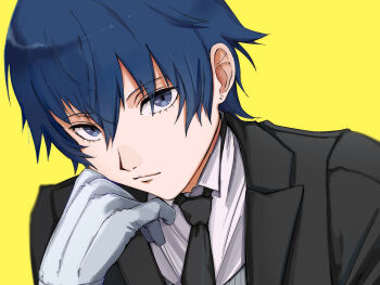 1girl black_jacket black_necktie blue_eyes blue_hair commentary_request earrings eyelashes formal_clothes gloves hair_between_eyes highres jacket jewelry looking_at_viewer necktie persona persona_4 portrait reverse_trap shirogane_naoto short_hair simple_background solo suit usa_(kawaii_152cm) white_gloves yellow_background