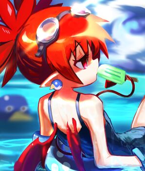 1girl 1other absurdres animal_earrings artist_name back bare_shoulders bat_wings bird bracelet character_ear_piercing commentary demon_girl demon_tail disgaea earrings english_commentary etna_(disgaea) flat_chest food food_in_mouth from_behind goggles goggles_on_head highres holding holding_food holding_popsicle jewelry nailwind on_innertube one-piece_swimsuit penguin pink_eyes pointy_ears ponytail popsicle popsicle_in_mouth prehensile_tail prinny red_hair short_hair signature swim_ring swimsuit tail water wings
