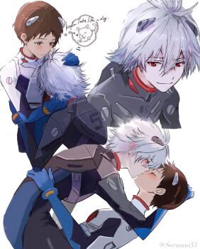 Rule 34 | 2boys, blush, brown eyes, brown hair, closed mouth, commentary request, cropped torso, double-parted bangs, hair between eyes, hand on another's back, hand on another's head, highres, ikari shinji, interface headset (evangelion), kiss, male focus, mecha pilot suit, multiple boys, nagisa kaworu, neon genesis evangelion, plugsuit (evangelion), red eyes, soraaaa53, white background, yaoi