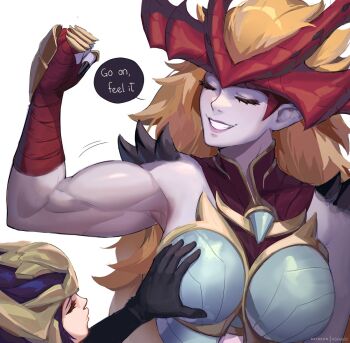 2girls allen_skies armor bare_shoulders black_gloves breasts colored_skin commentary english_commentary gloves go_on_feel_it_(meme) grin helmet horns large_breasts league_of_legends long_hair meme multiple_girls muscular muscular_female quinn_(league_of_legends) short_hair shyvana smile teeth yuri
