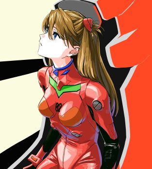 Rule 34 | 1girl, absurdres, blue eyes, bodysuit, breasts, hair ornament, highres, long hair, mecha pilot suit, medium breasts, neon genesis evangelion, orange hair, red bodysuit, solo, souryuu asuka langley, tanaka hirotaka