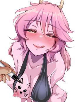 1girl 1other absurdres ashido_mina black_dress black_sclera blush boku_no_hero_academia breasts breasts_out chanwara_06 cleavage collarbone colored_sclera colored_skin commentary drawing_(action) drawing_on_another dress english_commentary from_above half-closed_eyes halterneck highres holding holding_marker horns large_breasts licking_lips long_hair looking_at_viewer marker nipples paid_reward_available pink_skin pov seductive_smile simple_background sitting smile solo_focus tongue tongue_out white_background yellow_eyes yellow_horns