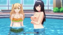 2girls animated anime_screenshot arms_under_breasts asymmetrical_bangs backboob bikini bikini_bottom_only bikini_skirt black_hair black_scrunchie blonde_hair blush bouncing_breasts braid breasts closed_eyes collarbone covering_breasts covering_privates dog earrings face_to_breasts fang feet female_pov frilled_bikini frills green_bikini groin hair_ornament hair_scrunchie hairband highres hoop_earrings inu_ni_nattara_suki_na_hito_ni_hirowareta inukai_karen jewelry large_breasts long_hair microskirt mole mole_under_eye multicolored_bikini multiple_girls nekotani_mike nipples open_mouth orange_bikini partially_submerged pink_bikini pochita_(inuhiro) pool pov pov_breasts red_eyes scrunchie sideboob skin_fang skirt smile sound subtitled swimsuit tagme thighs toes topless_female two-tone_bikini two_side_up underboob underwater unworn_bikini_top video wardrobe_malfunction water white_hairband yellow_eyes